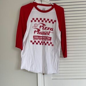 Red and White Pizza Planet Raglan Shirt -3/4 length sleeve